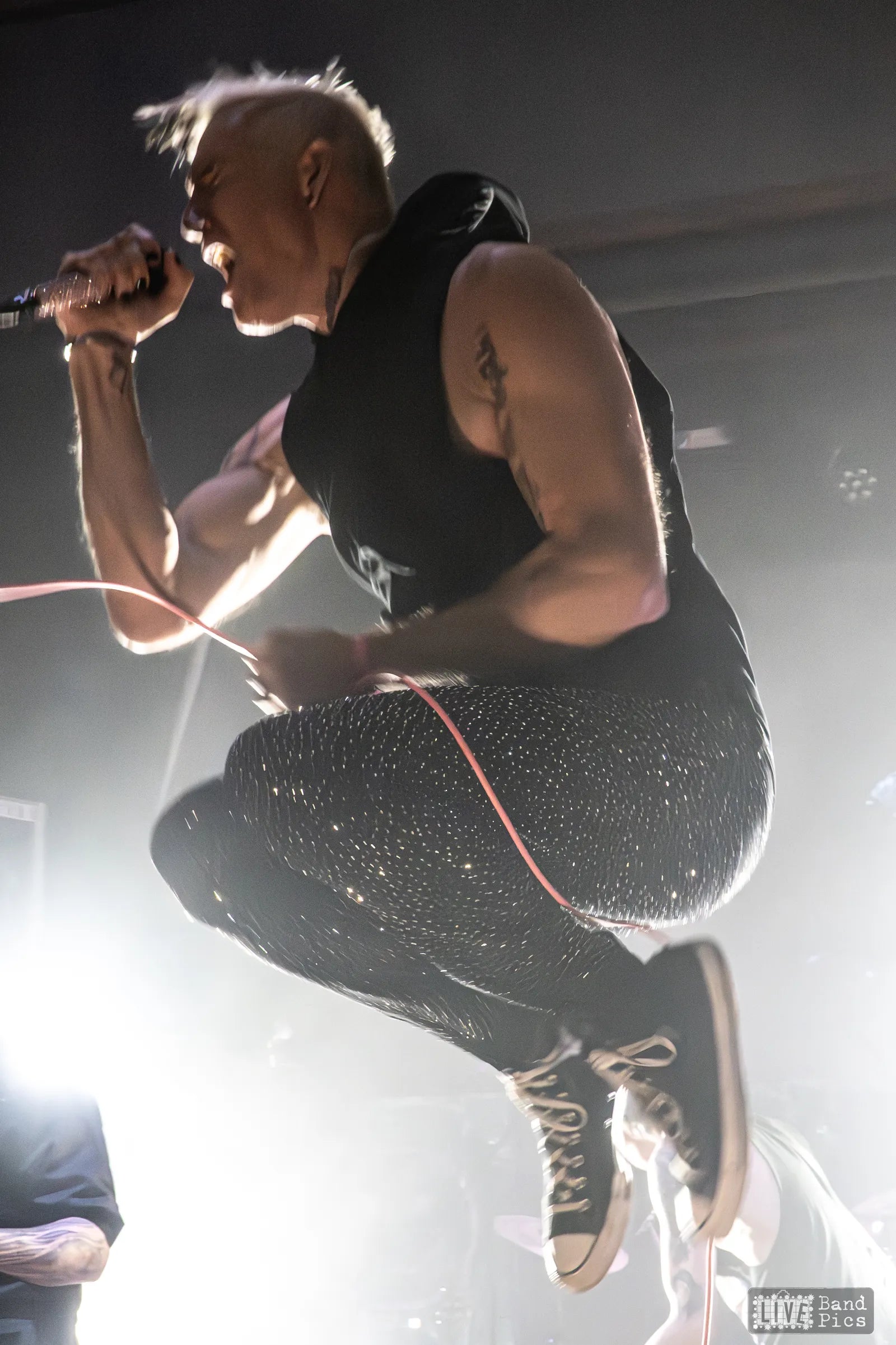 Len mid-air during a live performance